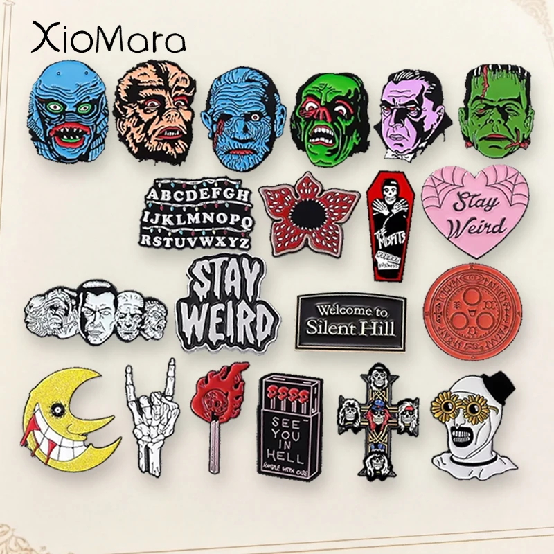 Sci-Fi-Horrorfilm-Kollektion Emaille-Pin: Rote Kannibalfüllblumen, Monsterkopf, Totenkopf-Kreuz-Brosche, Taschen- und Reversabzeichen, Punk-Schmuckgeschenk