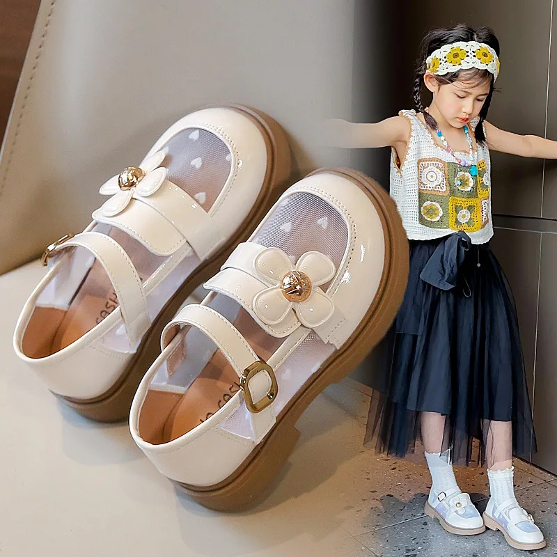 Fashion Chic Flower Children Princess Shoes Breathable Causal Kids Mary Jane Shoes for Party New Summer Girls Mesh Leather Shoes