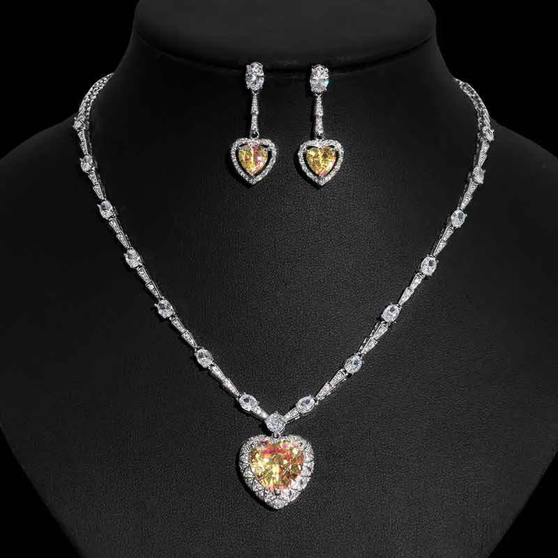 Foydjew 2023 New Trend European and American Fashion Pink Zircon Necklaces Heart-shaped Drop Earring Ring Jewelry Sets For Women