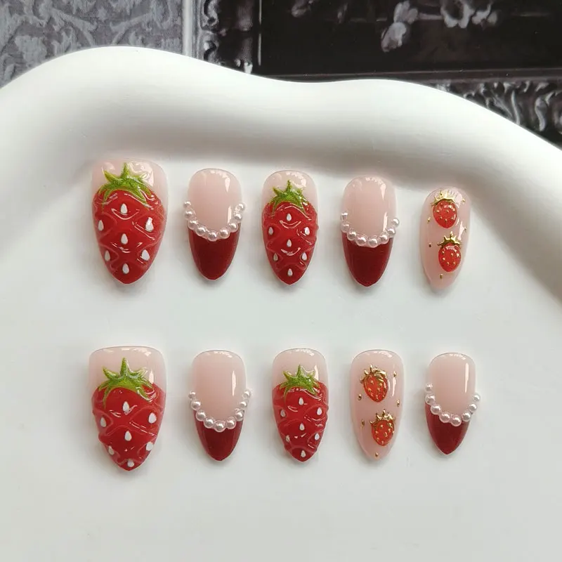 10Pcs Women French Style 3D Strawberry Gold Red and Plaid Bowknot Press on Nails Short Almond Fresh Nails Patch False Nails Art