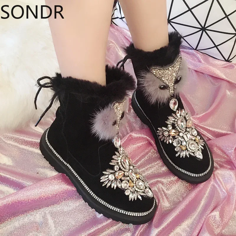 Womens Ankle Boots Rhinestones Crystal Fur Fox Decor Diamond Bling Genuine Leather Flat Warm Snow Thick Winter Black Shoes C881