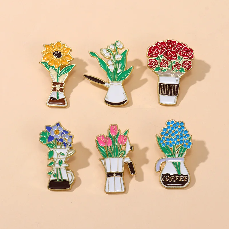 Cartoon Coffee Flower Brooch Alloy Pin Badge for DIY Clothes Bags Shoes Hat Scarf T-shirt Jeans Decoration Rose Tulip Sunflower