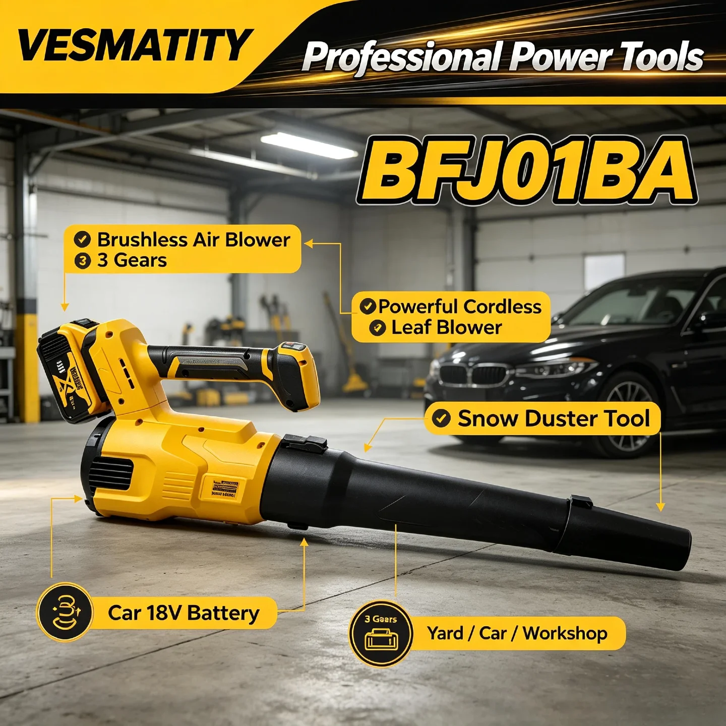 VESMATITY High-Power Cordless Electric Leaf Snow Duster – 3-Speed Brushless Air Blower for 18V Battery, Lightweight & Easy Use