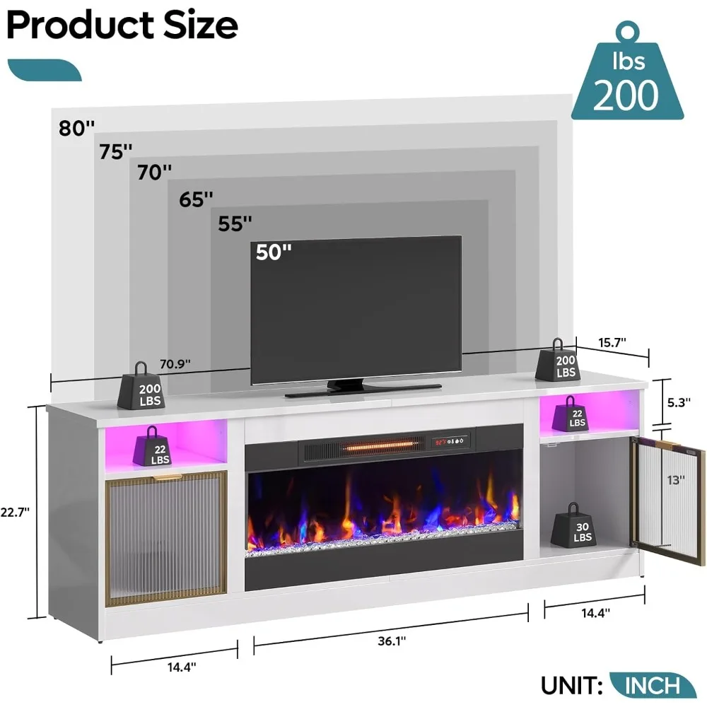 Fireplace TV Stand for 65/70/75/80 Inch TV, LED Entertainment Center with Storage Cabinet for Living Room Bedroom