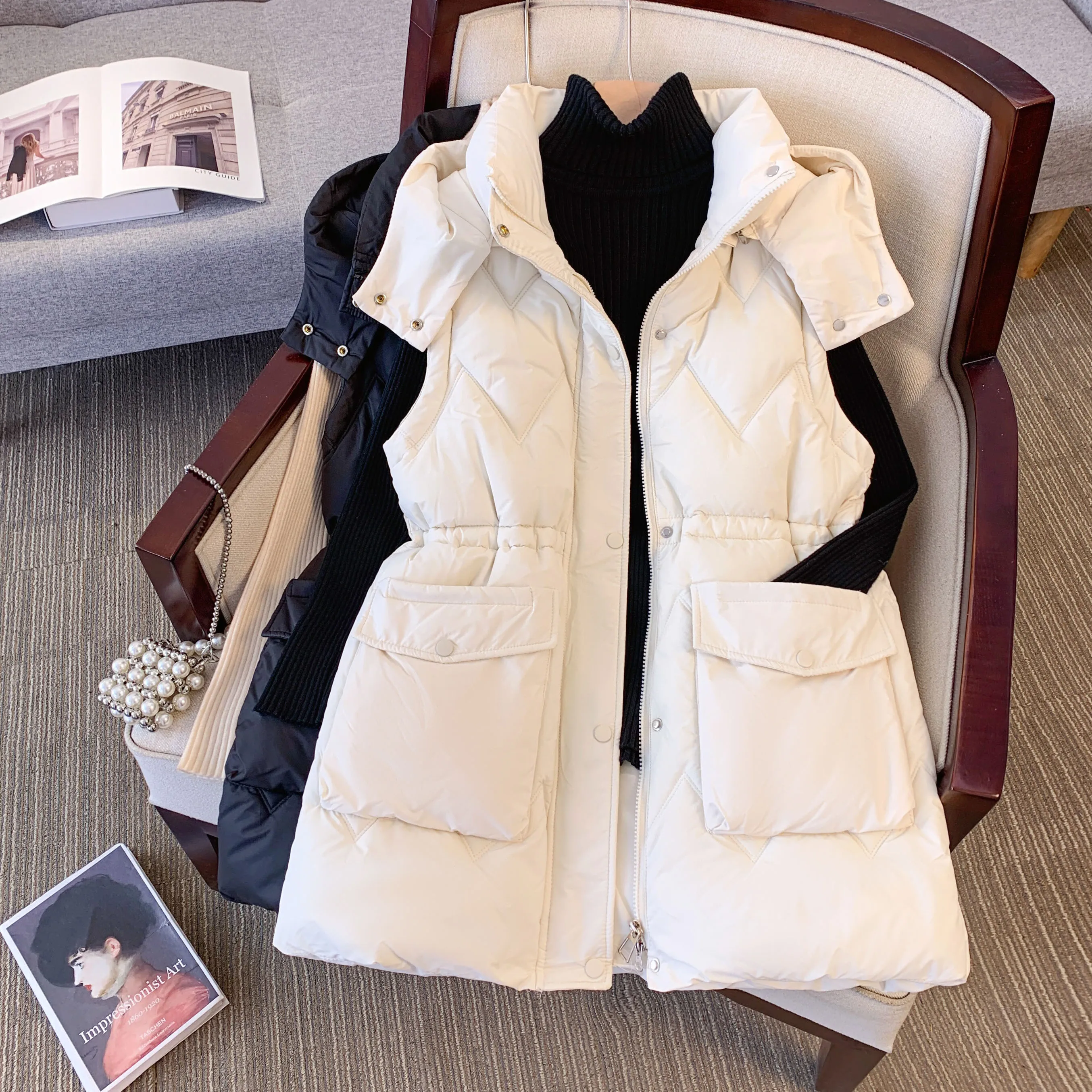 Women's Winter High Collar Long Cotton Coat Sleeveless American High Street 2000s Style Waist Coat Warm Coat Winter Clothes 2024