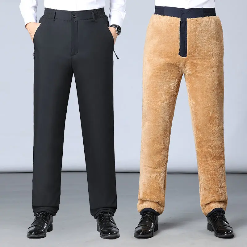 

Winter New 2023 Plush Thicken Men Pants Casual Warm High Waist Male Trousters Loose Lamb Wool Business Men Pants