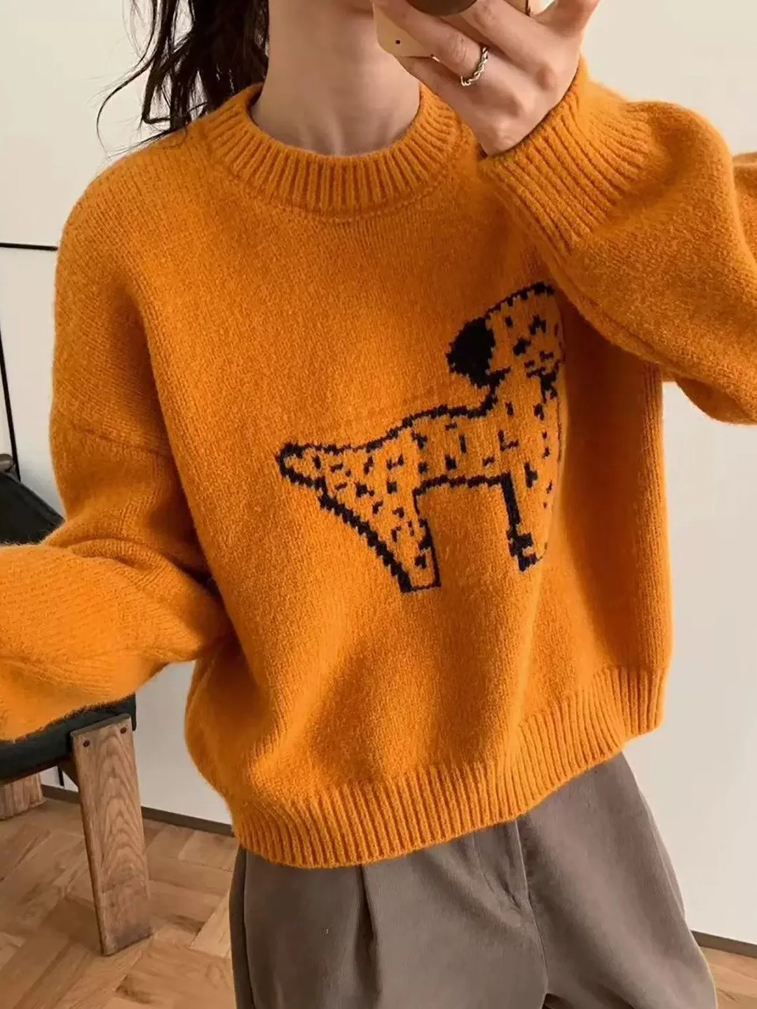 Pumpkin Orange Knitted Sweater Women's Autumn Winter Large Size Fat MM Lazy High End Inner Wear Base Layer Flower Patterned Top