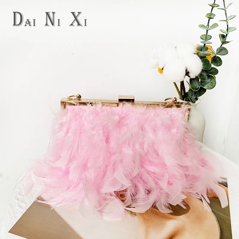 Fashion Tote Fur Bag Ostrich Feather Clutch Pearl Handbag Wedding Party Formal Dress Purse For Ladies