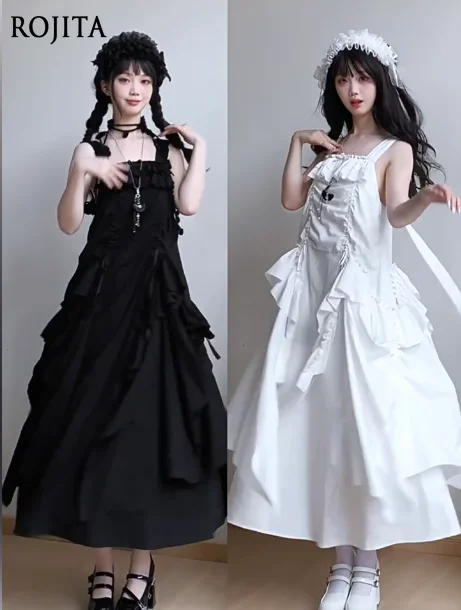 

Sweet Cool Style Ruffled Hem Solid Color Strap Dress 2025 Autumn New Adjustable Shoulder Straps Loose Strap Long Dress Women
