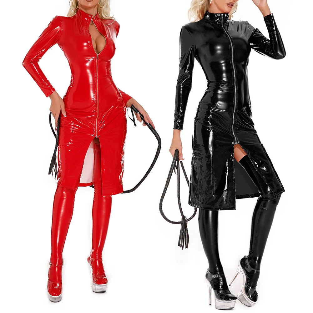 Daily Holiday Home Dress Suits Club Uniform Fitting Dress Fitting Suit Full Body Black Latex PVC Role-Playing Coat