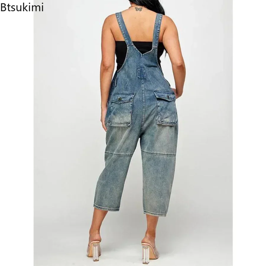 Новинка 2025, женский модный джинсовый комбинезон, свободный комбинезон с широкими штанинами и карманами на пуговицах, тонкий женский комбинезон с высокой талией на подтяжках