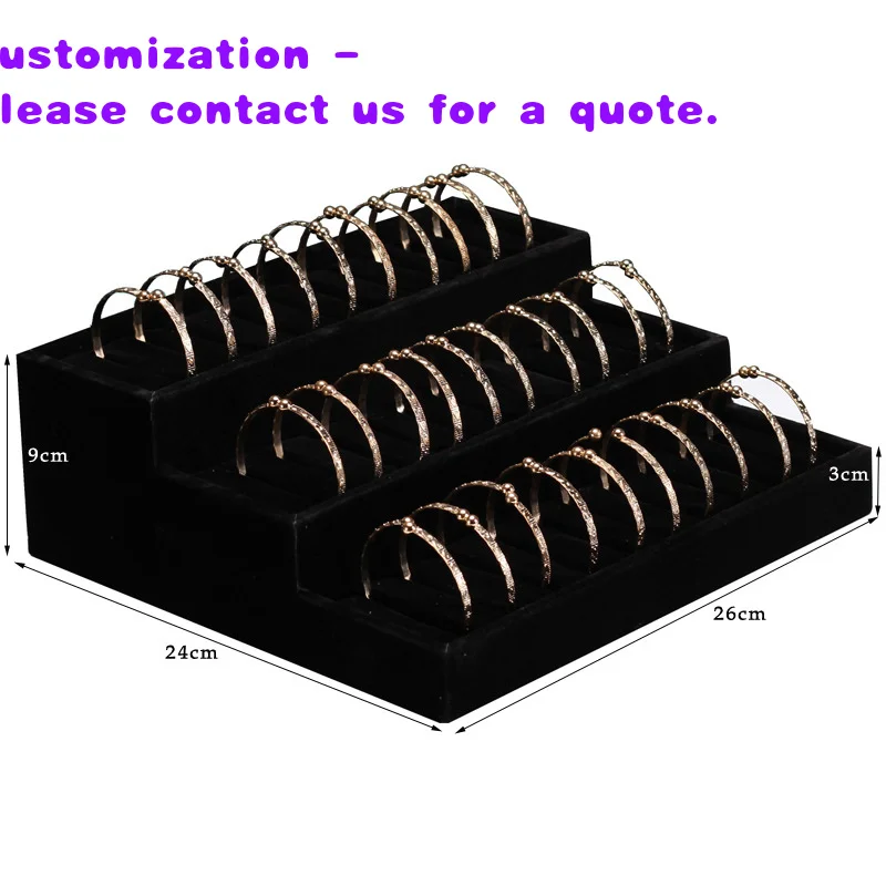 custom.Jewelry Srore Counter Custom Inserted Black Flannel Velvet Jewelry Display Tray  3 Tier Stair Bracelet Display Stand