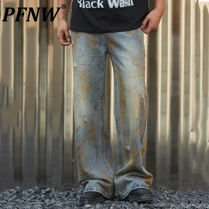 

PFNW High Street Men's Denim Pants Loose Tie-dye Worn-out Straight Contrast Color Wide Leg Male Jeans New Fashion 2024 12C524