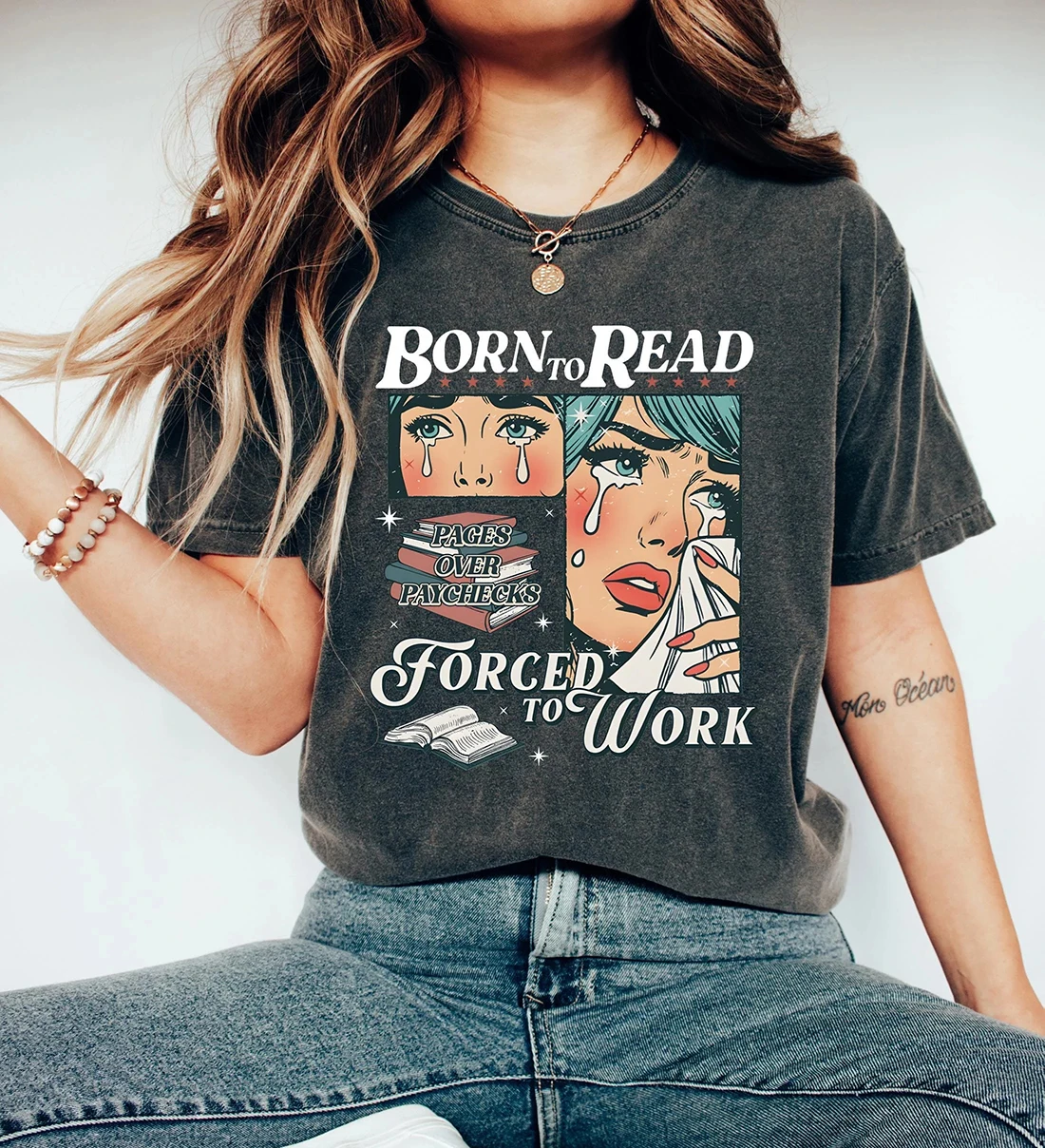 Born To Read Forced To Work Slogan Women T-shirt Retro Cartoon Print Female Shirt Trend Holiday All Match Casual Reader Girl Tee