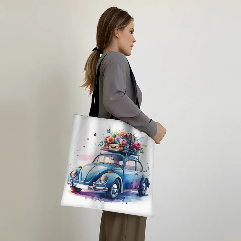 Aquarell Reise Auto drucken Einkaufstaschen elektrische Motorrad Schulbus Blumen Frauen Handtasche Umhängetasche für Reise Einkaufstaschen