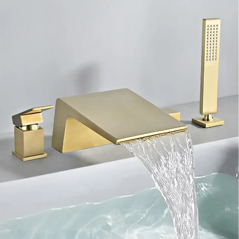 Tuqiu Bathtub Faucet Widespread Tub Sink Mixer Tap Brushed Gold Brass Basin Faucet Bath Shower Faucet with Hand shower Head