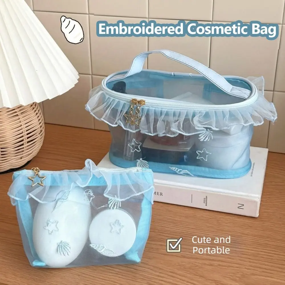 Portable Blue Series Mesh Bag Embroidered Large Capacity Cosmetics Bag Zipper Closure Makeup Bag Home Travel