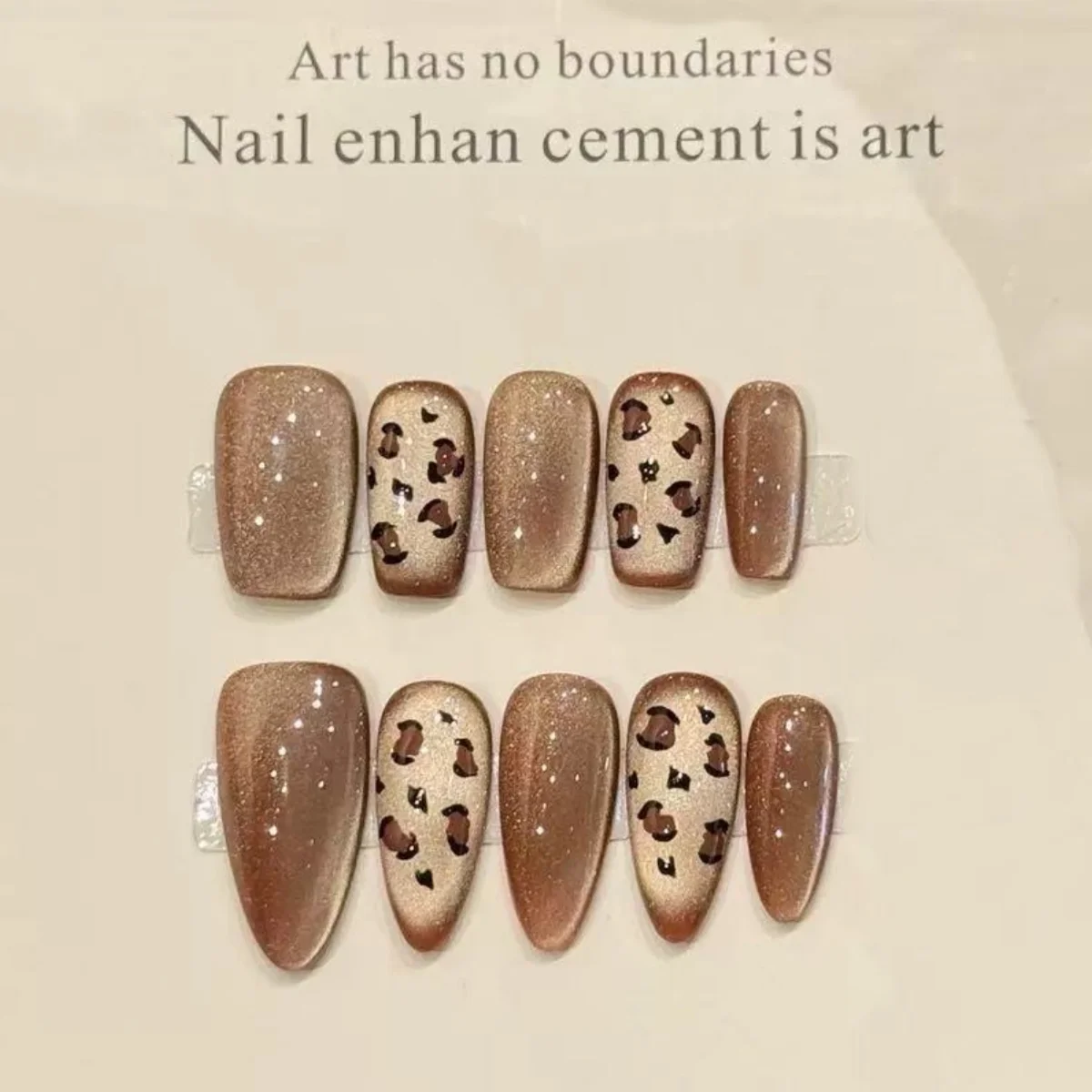 10pcs Pure Hand Pressed Square/Almond Nail Art,Nice Fake Nails,Shinny Brown Cat's Eye With Leopard Print,Ideal For Women