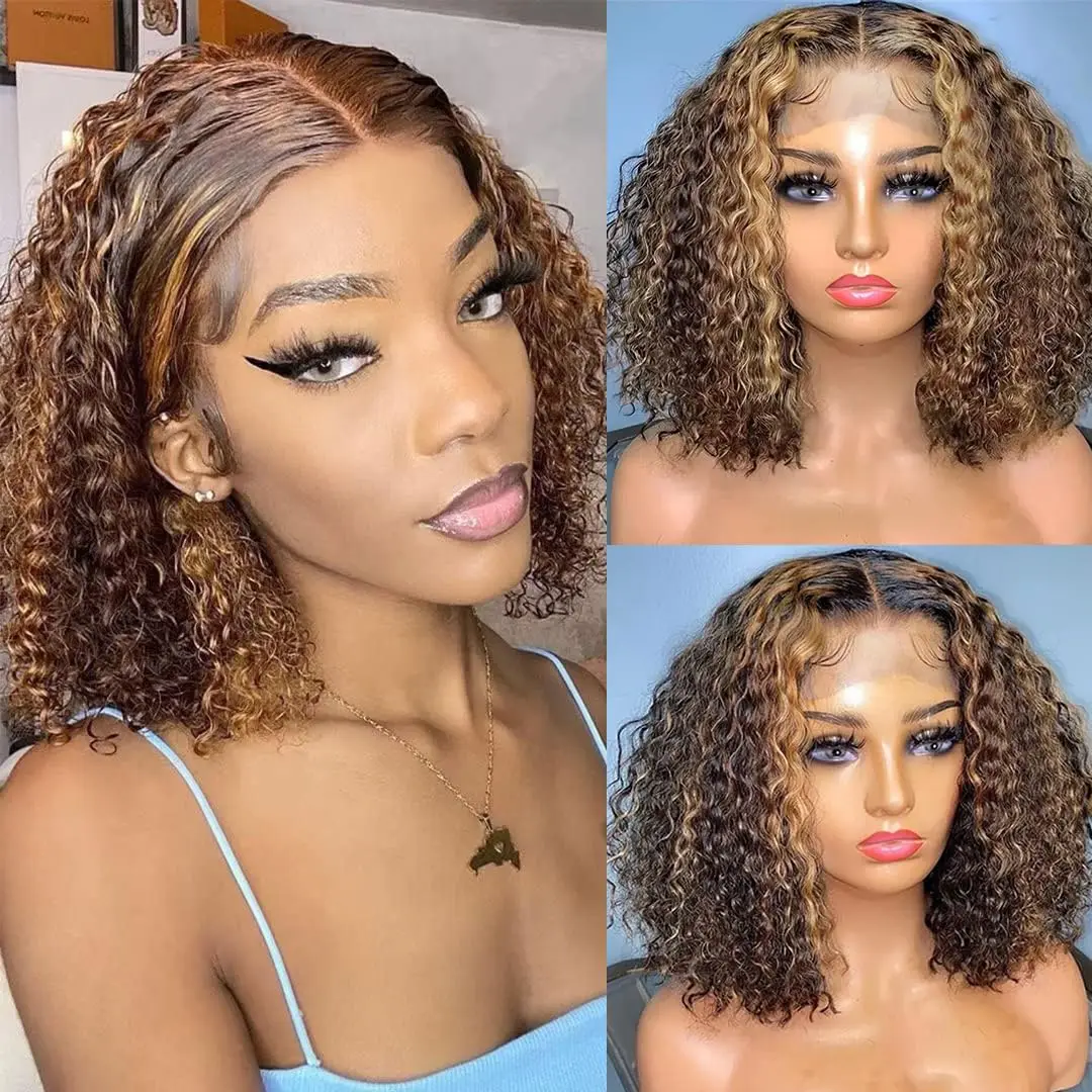 

Highlight Bob Wig Human Hair 16 Inch Ombre Lace Frontal Wigs13x4 Short Curly Wig #4/27 Colored 180% Deep Wave Lace Front Wigs