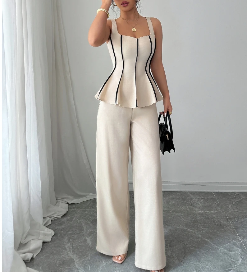 

Women's Clothing High Quality and Elegant Style Tank Top Solid Color Pants Set Temperament Commuter Retro Elegant Pants Set