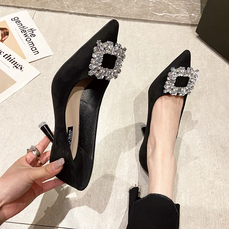 

Women Shoes Fashion Rhinestone Square Buckle Bridesmaid Wedding Shoes Solid Flock Pointed Toe Stiletto Pumps French High Heels