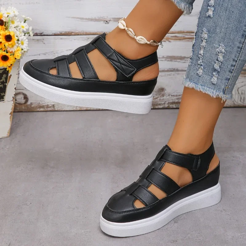 Sandals for Woman 2024 New Wedges Heels Platform Sandals Women Hollow Out Leather Gladiator Summer Thick Sole Sandalias Mujer