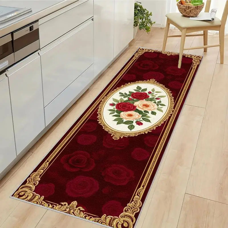 Wine Red Rose Runner Mat Anti Slip Water Absorbent Gold Ornate Frame Floral Decor Print Carpet Kitchen Bedroom Bathroom Floor
