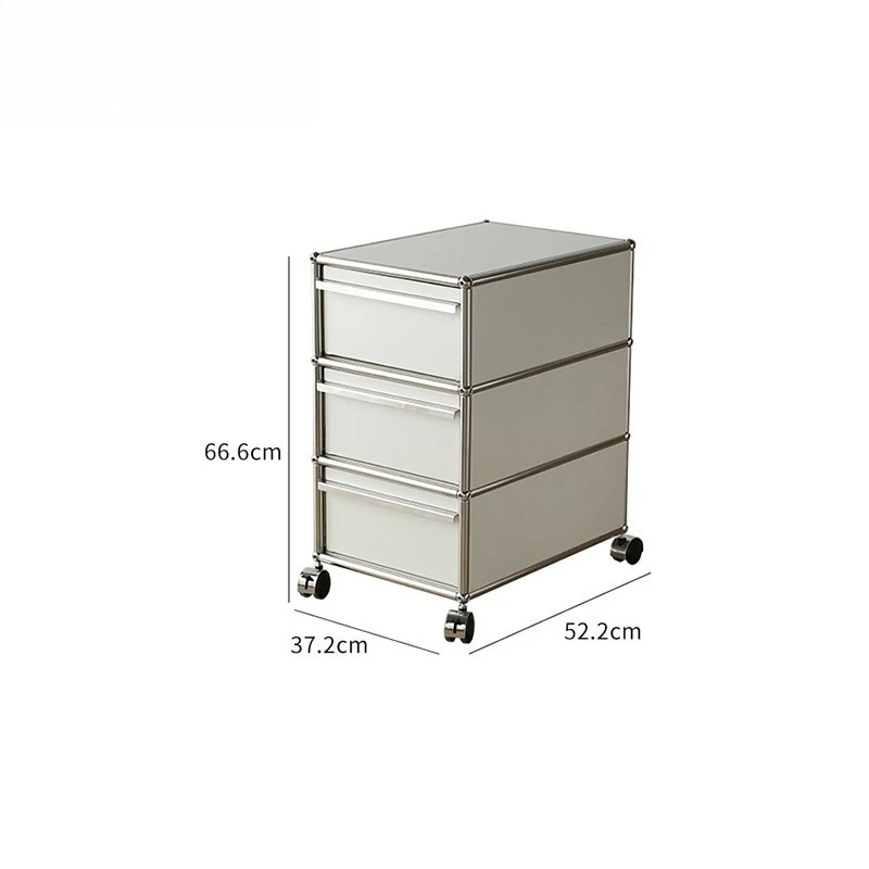 Compact three-drawer mobile cabinet with wheels and stainless steel frame for hotels, home offices and small spaces