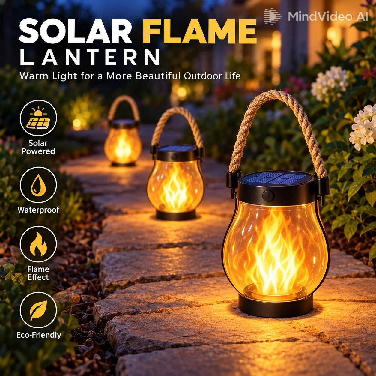 Solar Flame Rope Lantern Type-C Fast Charging Waterproof Hanging Lamp with Flickering 3D Flame for Garden Patio Camping Decor
