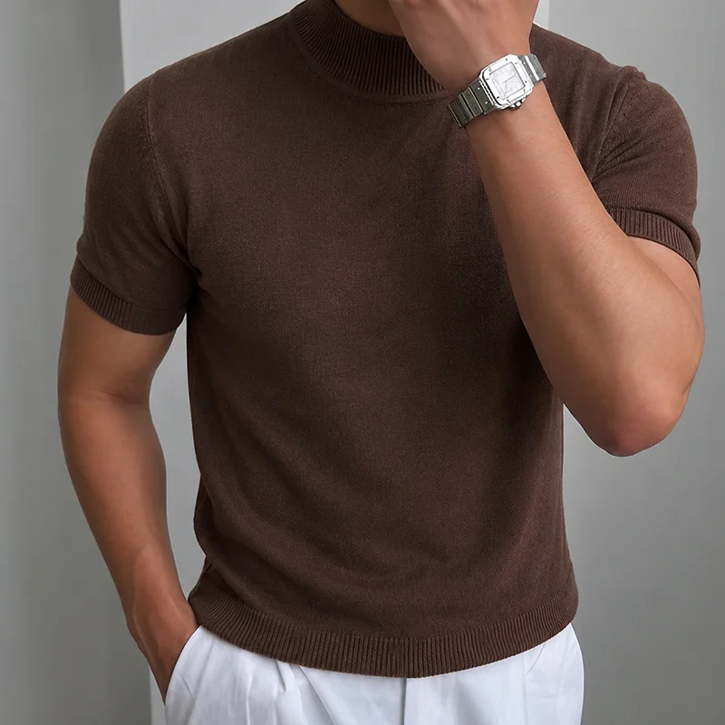 Herren Casual Einfaches Strick-T-Shirt Halbhoher Kragen Weicher Komfort Modisch Einfarbiges Strick-Kurzarm-T-Shirt Mock Neck Pullover – Detail 23