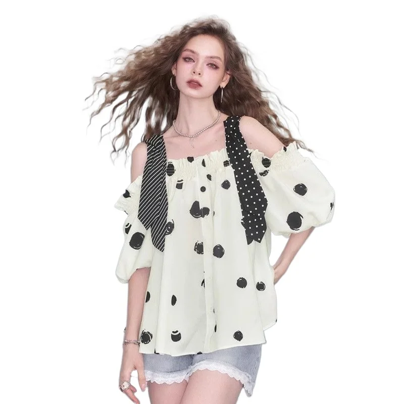 Leprechaun's Mint Mambo Shoulder Polka Dot Shirt Summer Premium Fungus Edge Age Reduction Short Sleeve Top Sweet  Fresh College
