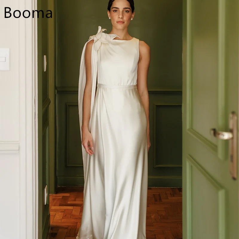 

Booma Simple A-Line Wedding Dresses Flowers Sleeveless Long O-Neck Satin Elegant Brides Gown Custom Made 2025