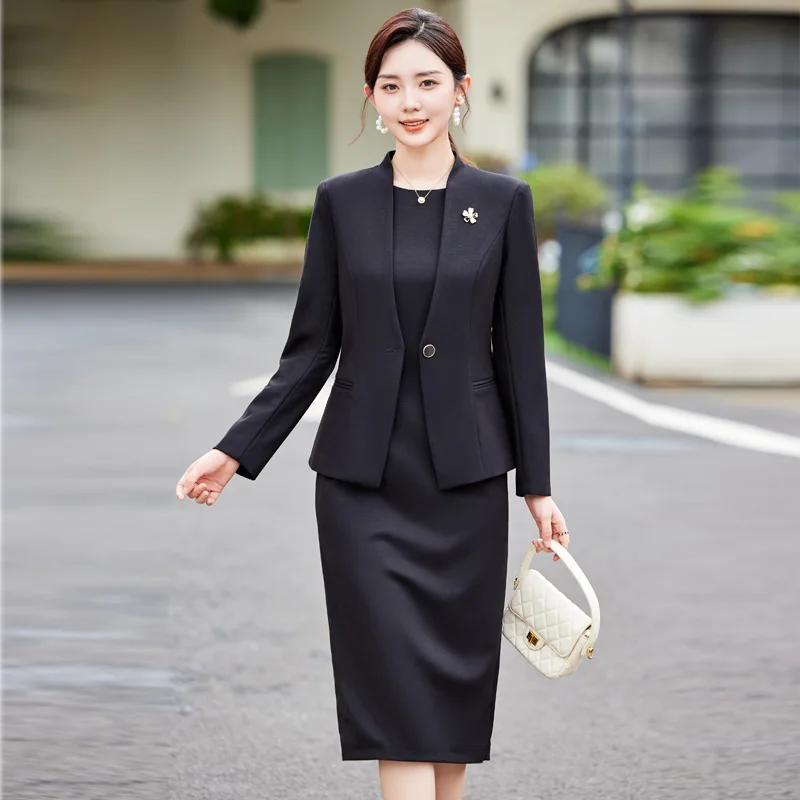 Office Suit Women High Quality Formal Blazer + Sleeveless Dress Elegant 2 Piece Suit Commuter Career Set Pink/Blue/Black Jacket