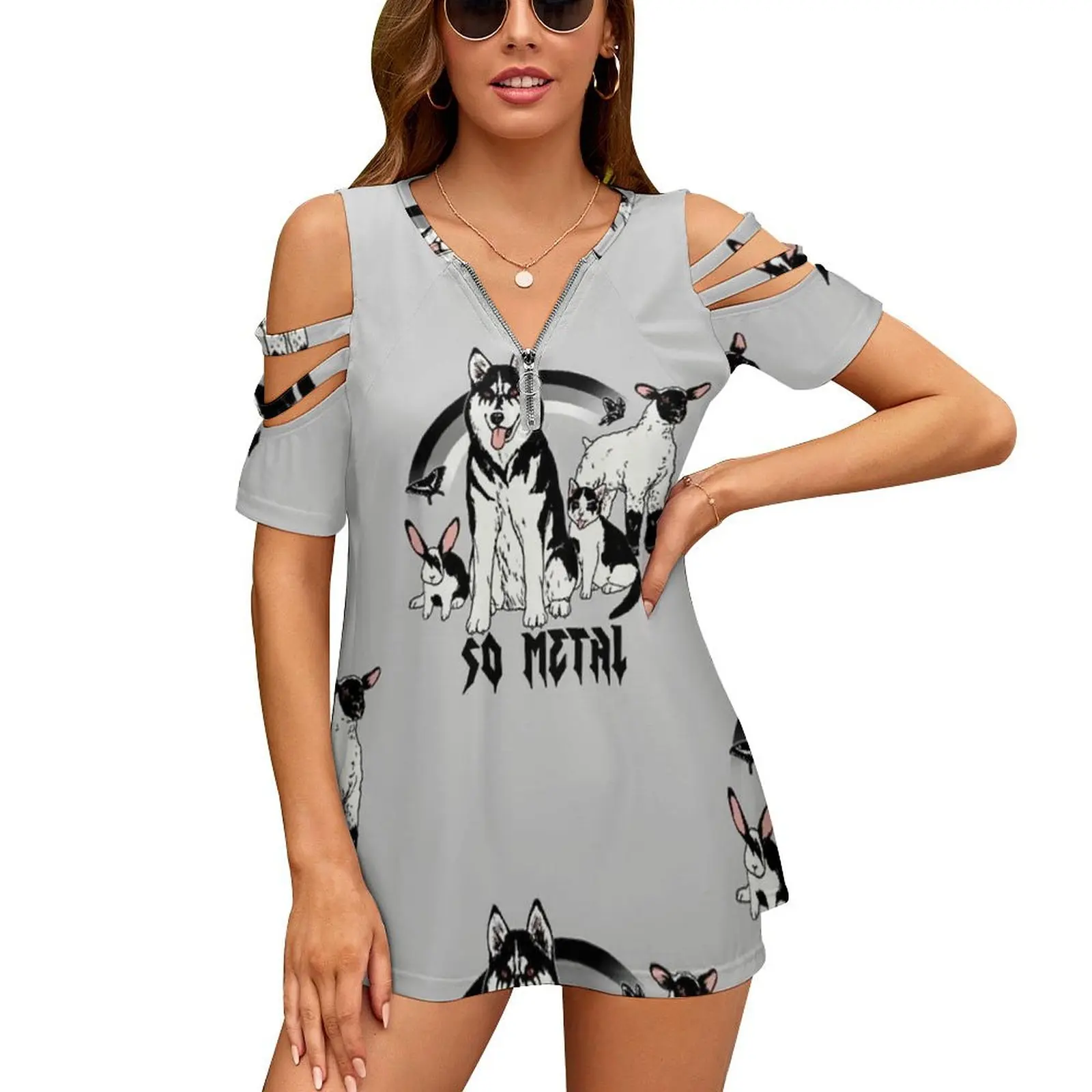 Metal Animals New Fashion Zip Off Shoulder Top Short-Sleeve Women Shirt Husky Bunny Rabbit Lamb Sheep Metal Cat Kitty Dark