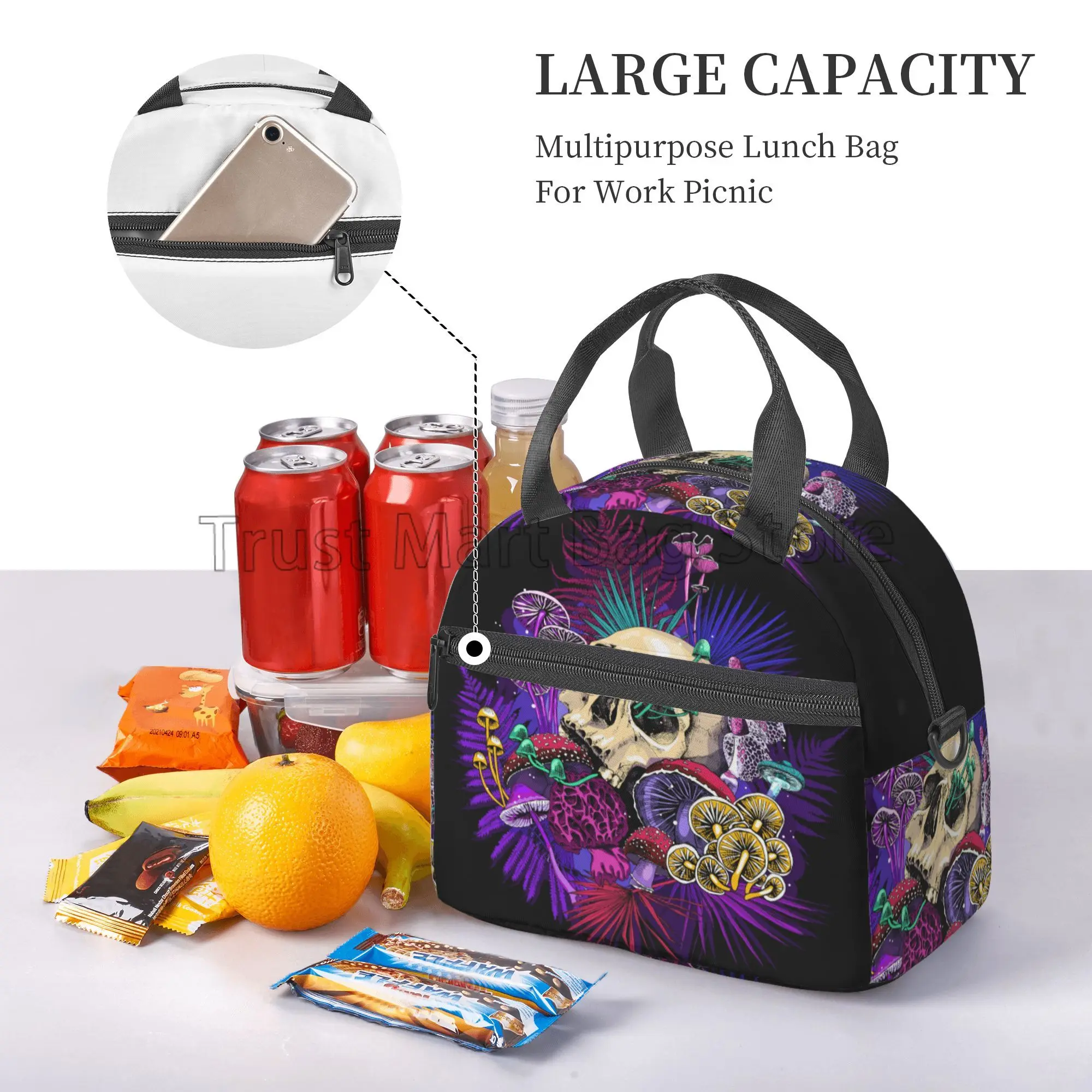 Mushroom Skull Insulated Lunch Bag for Women Men Work Resuable Portable Thermal Bento Tote Bags with Adjustable Shoulder Strap