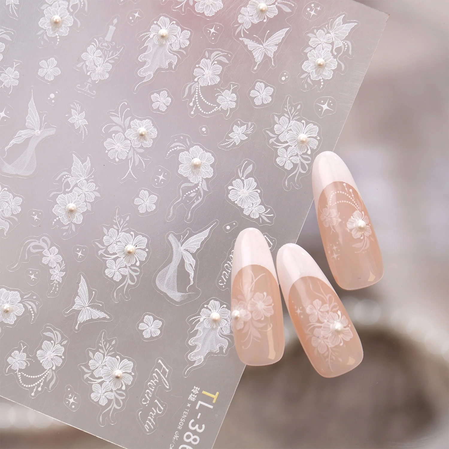 White Petal Vine Five-Petal Flower Pearl Fairy Wing Floral Stem Pretty Floral 5D Nail Sticker Self Adhesive Fairy Manicure Decal