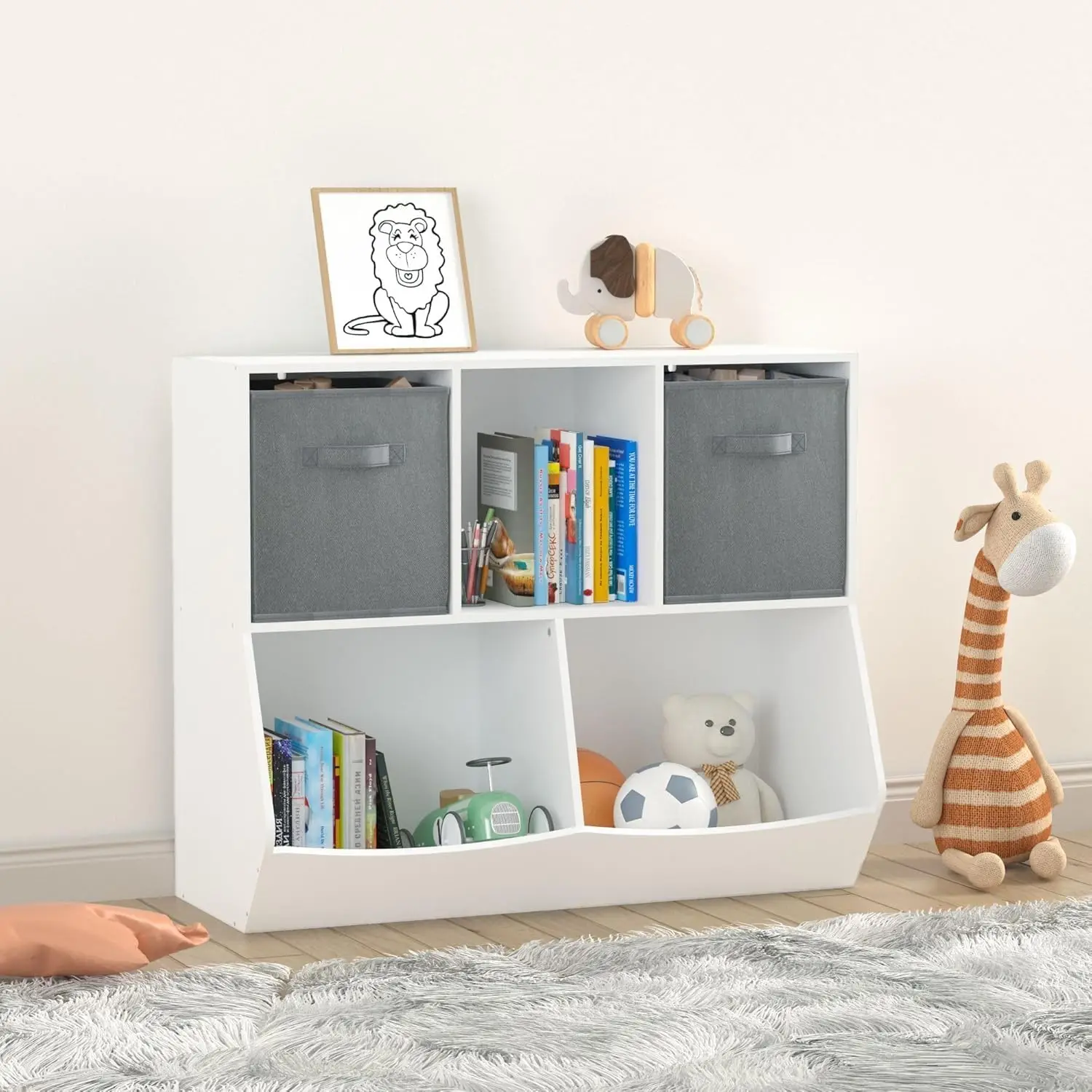 Kids Bookshelf Wood Toy Storage Cubby Cabinet with Two Drawers Organizer for Children's Room Playroom Kindergarten School