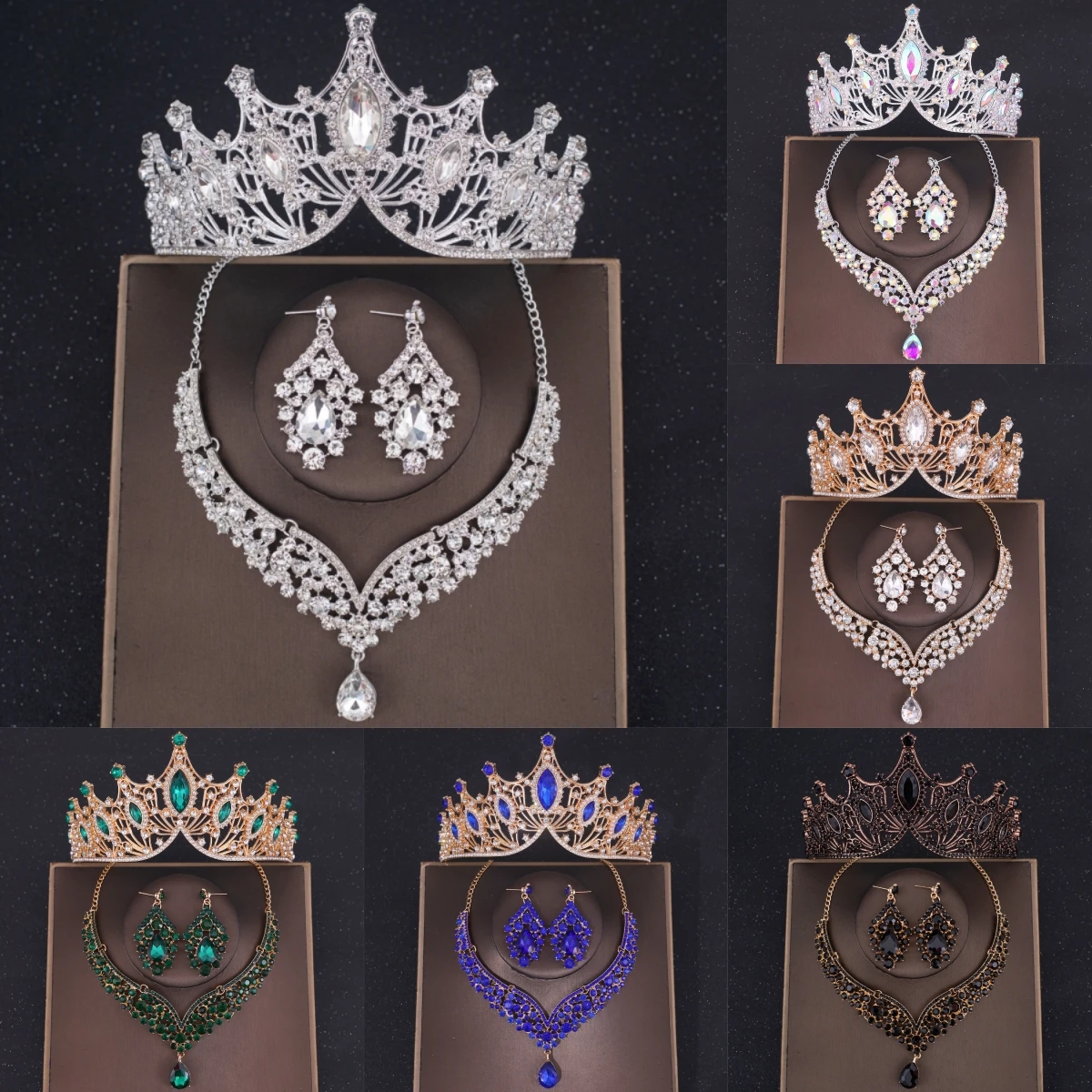 

Набор из 3 предметов: колье, серьги и корона с кристаллами, свадебный комплект украшений с камнями, аксессуары для волос, корона-тиара, подарок