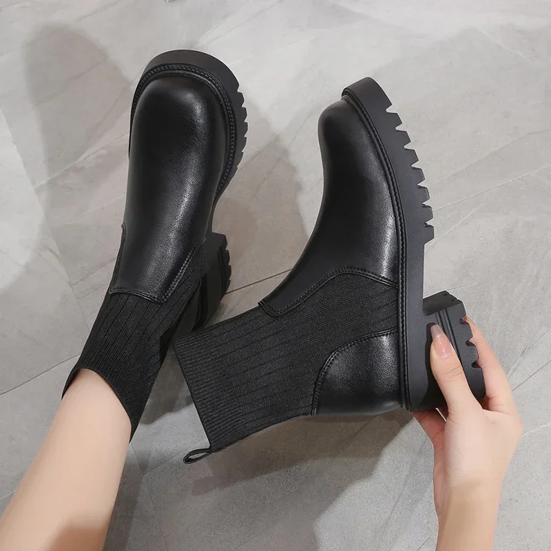 New Autumn Winter Fashion Women Chelsea Boots Female PU Leather High Heels Boots Platform Shoes Ladies Knitted Sexy Ankle Boots