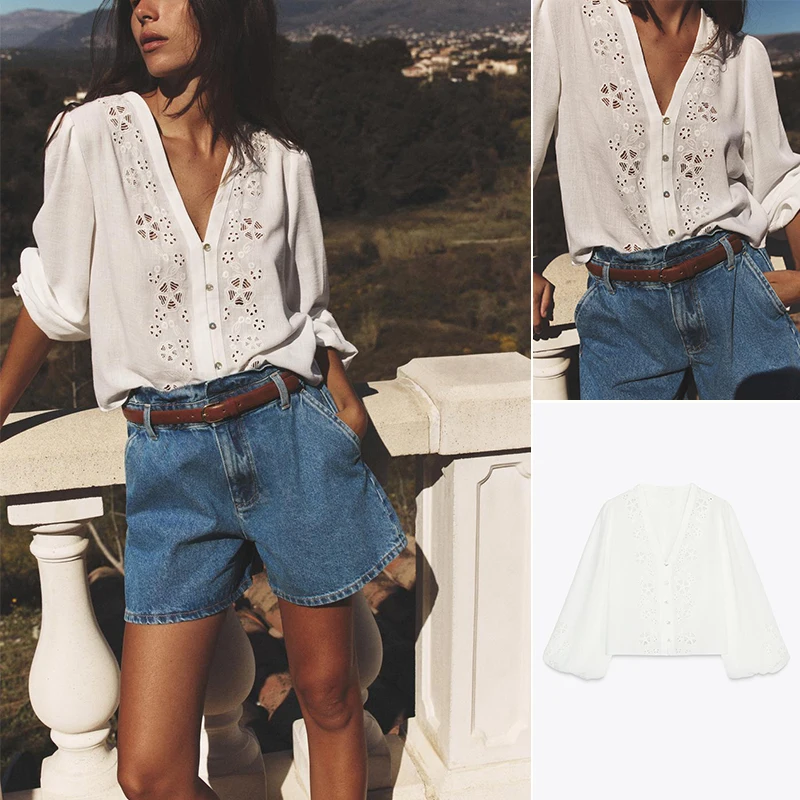 

Новая летняя женская рубашка в повседневном стиле с вышивкой, ажурными элементами, модным V-образным вырезом, длинными рукавами, свободного кроя, для офиса, из полиэстера.