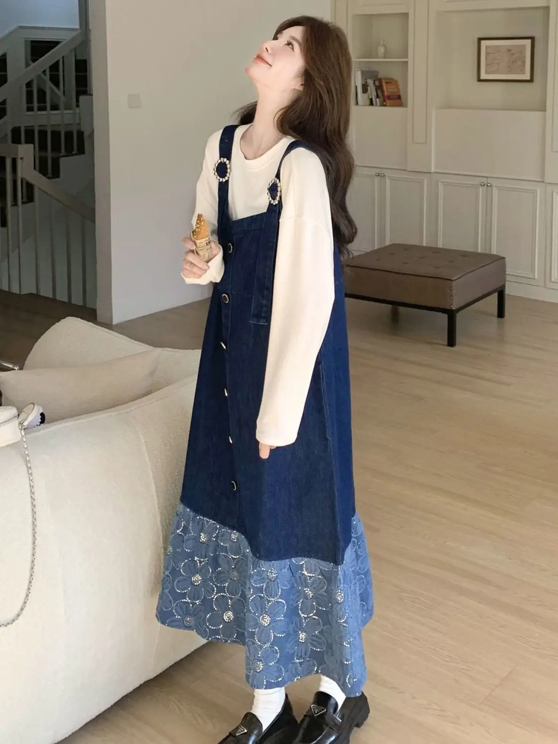 

Korea Spliced ​​Denim Strap Skirt Women Spring Autumn New Niche Design Loose Slim Versatile Long Dress
