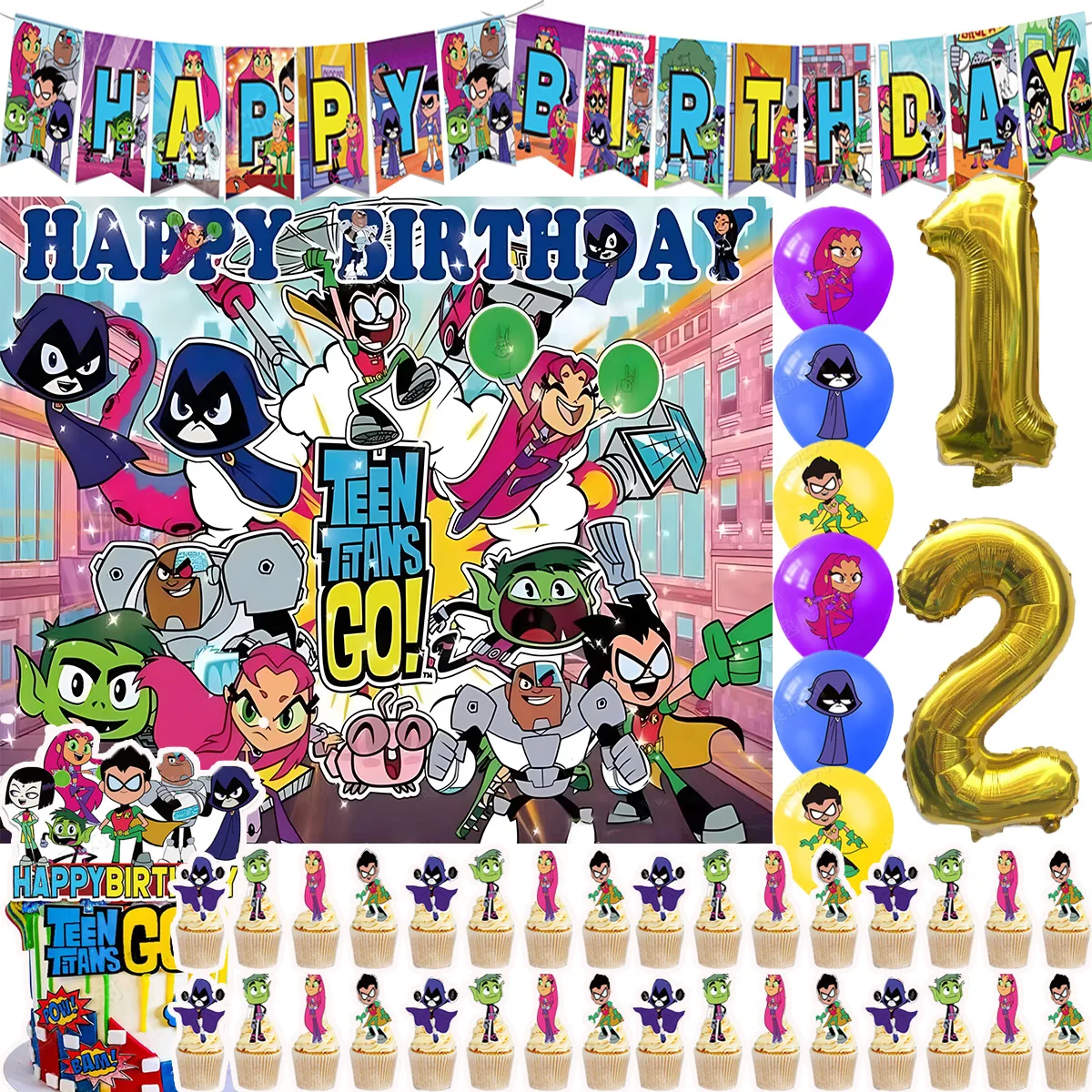 Dibujos animados Teening Titans Go tema niños suministros de fiesta de cumpleaños decoración globo pastel Topper Banner fondo accesorios de baño de bebé