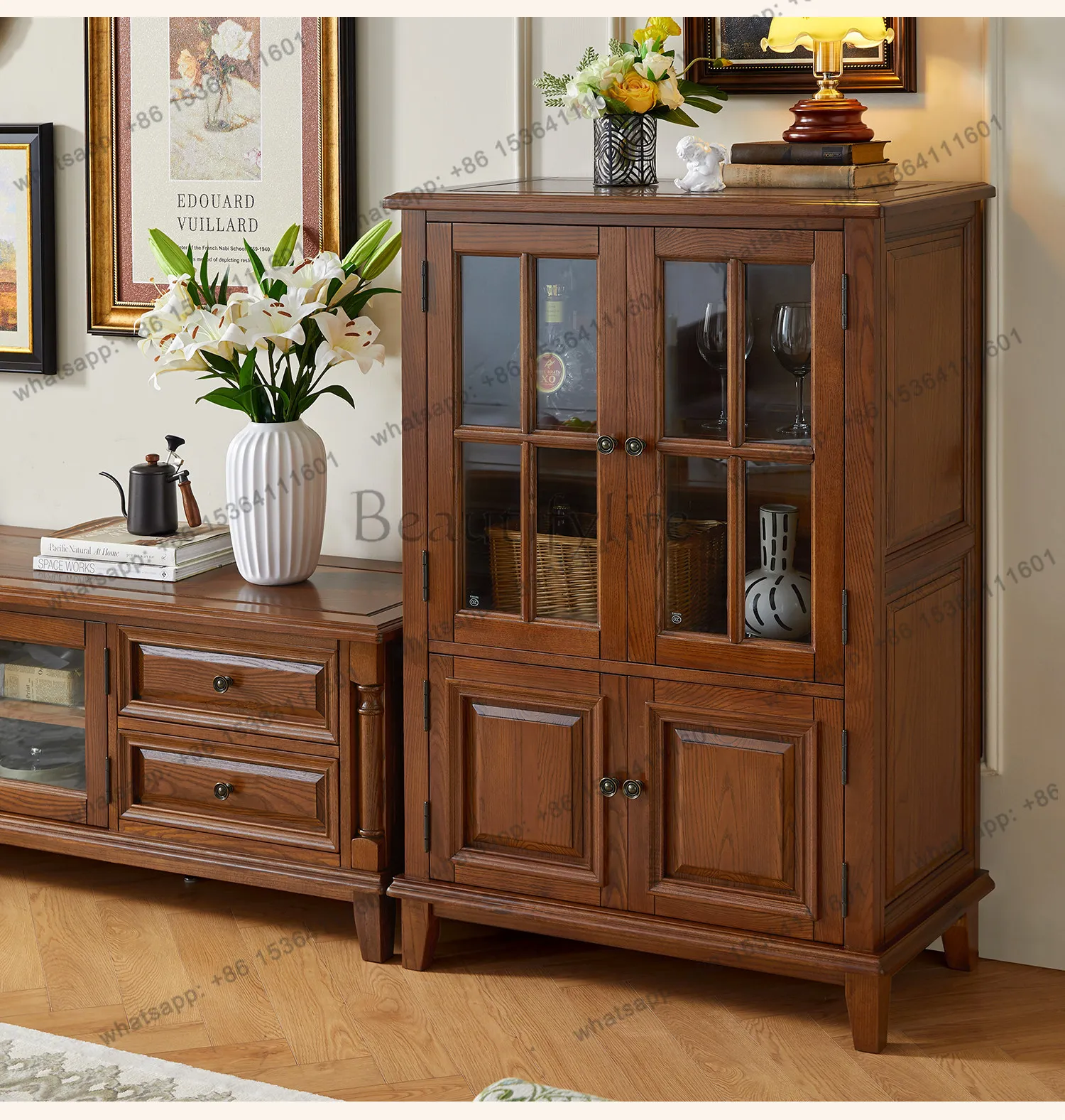 

American all-solid wood wine cabinet against the wall, living room double door, high-end light luxury locker rack