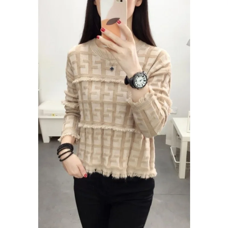 

Волнистый вязаный модный однотонный свитер с круглым вырезом для женщин, осень-зима 2022, новый свободный топ с длинными рукавами