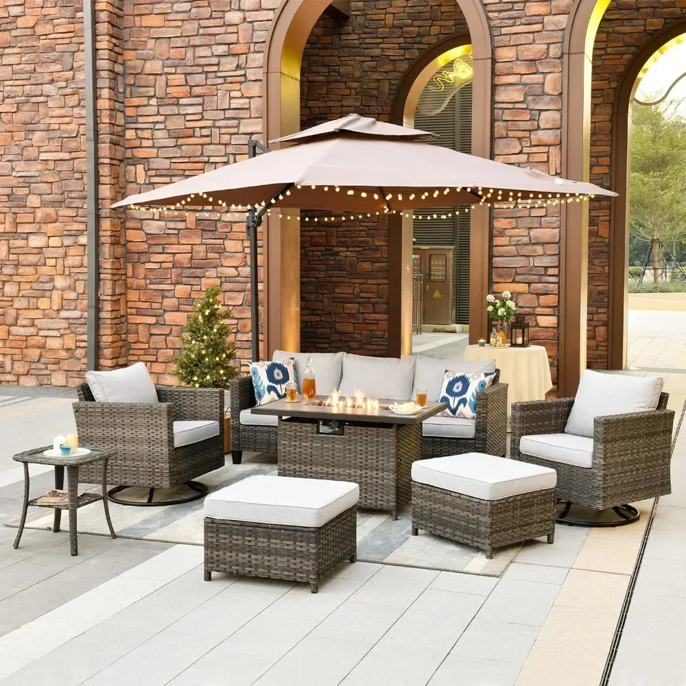 

% из7-комплект мебели для патио с прямоугольным столом для костра, вращающимися стульями, уличный набор для бесед из плетеного ротанга с высокой спинкой