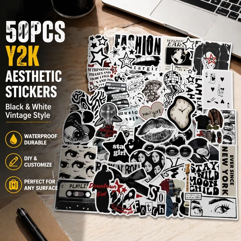 50Pcs Y2K Monochrome Sticker Set with Waterproof Coating Timeless Retro Tones and Minimalist Patterns Flexible DIY Ornaments