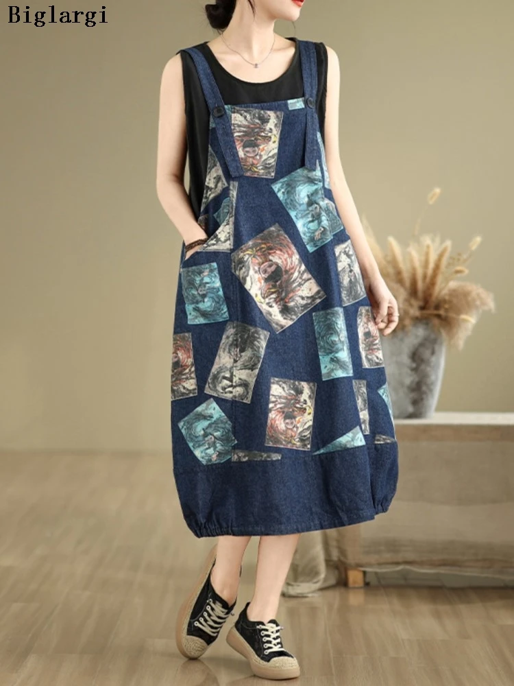 

Oversized Denim Summer New Mini Strap Dress Women Print Fashion Casual Loose Ladies Strap Dresses Square Collar Woman Dress