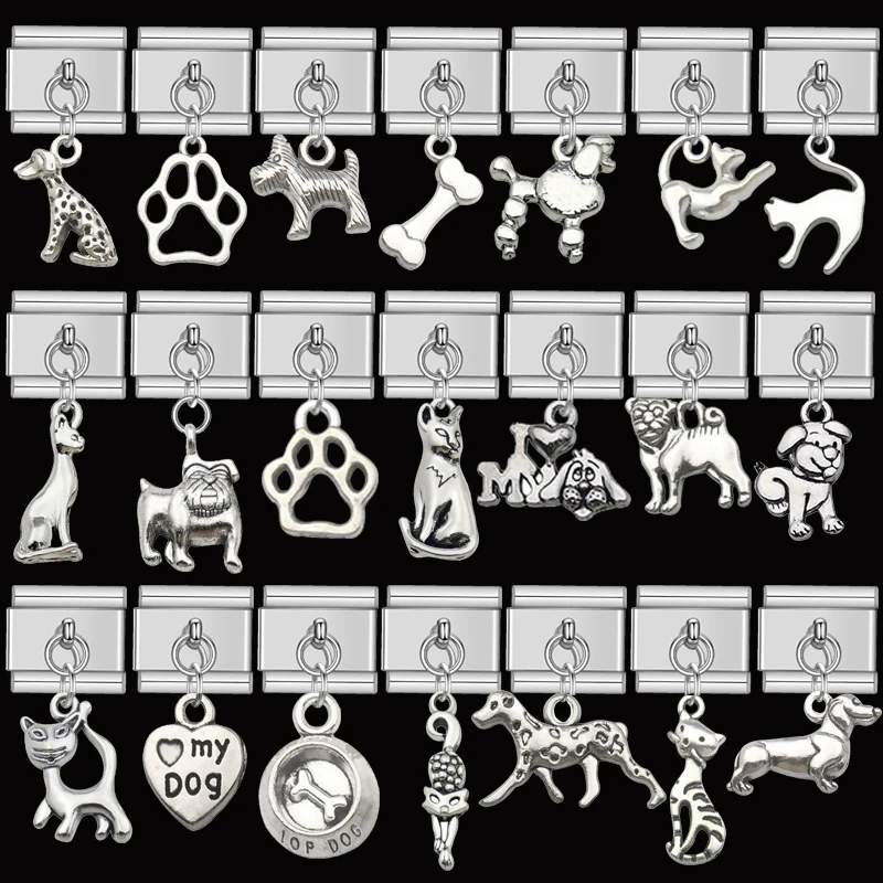 

Lucky Dog Pet Cute Kitten Paw Print Cat Bone Stainless Steel Italian Bracelets Charms Kit Links Fit 9mm DIY Jewelry Accessories