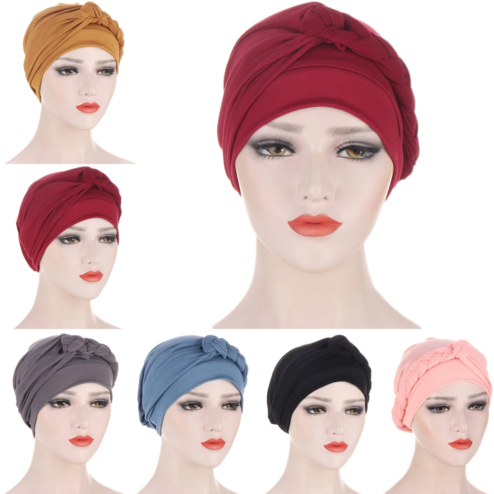 

Muslim Women Hijab Chemo Cap Bonnet Braids Indian Under Scarf Hair Loss Hat Femme Solid Color Turban Head Wrap Hair Accessories