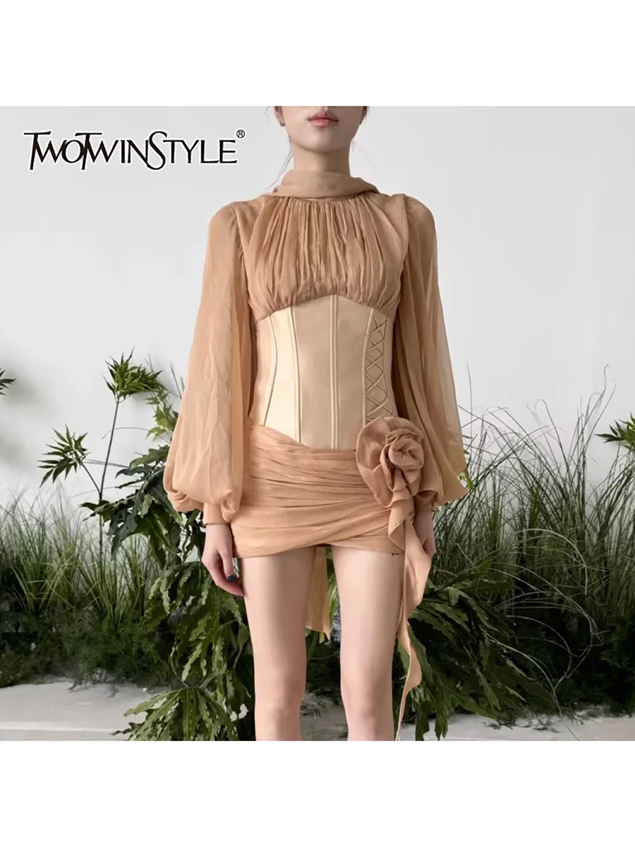 

TWOTWINSTYLE однотонные мини-платья со складками для женщин, водолазка с длинным рукавом и высокой талией, лоскутное платье с аппликацией, женское новое платье